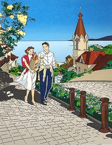 わたせせいぞうの絵画作品　タイトルはMoving! 潮風の街へ (1996)